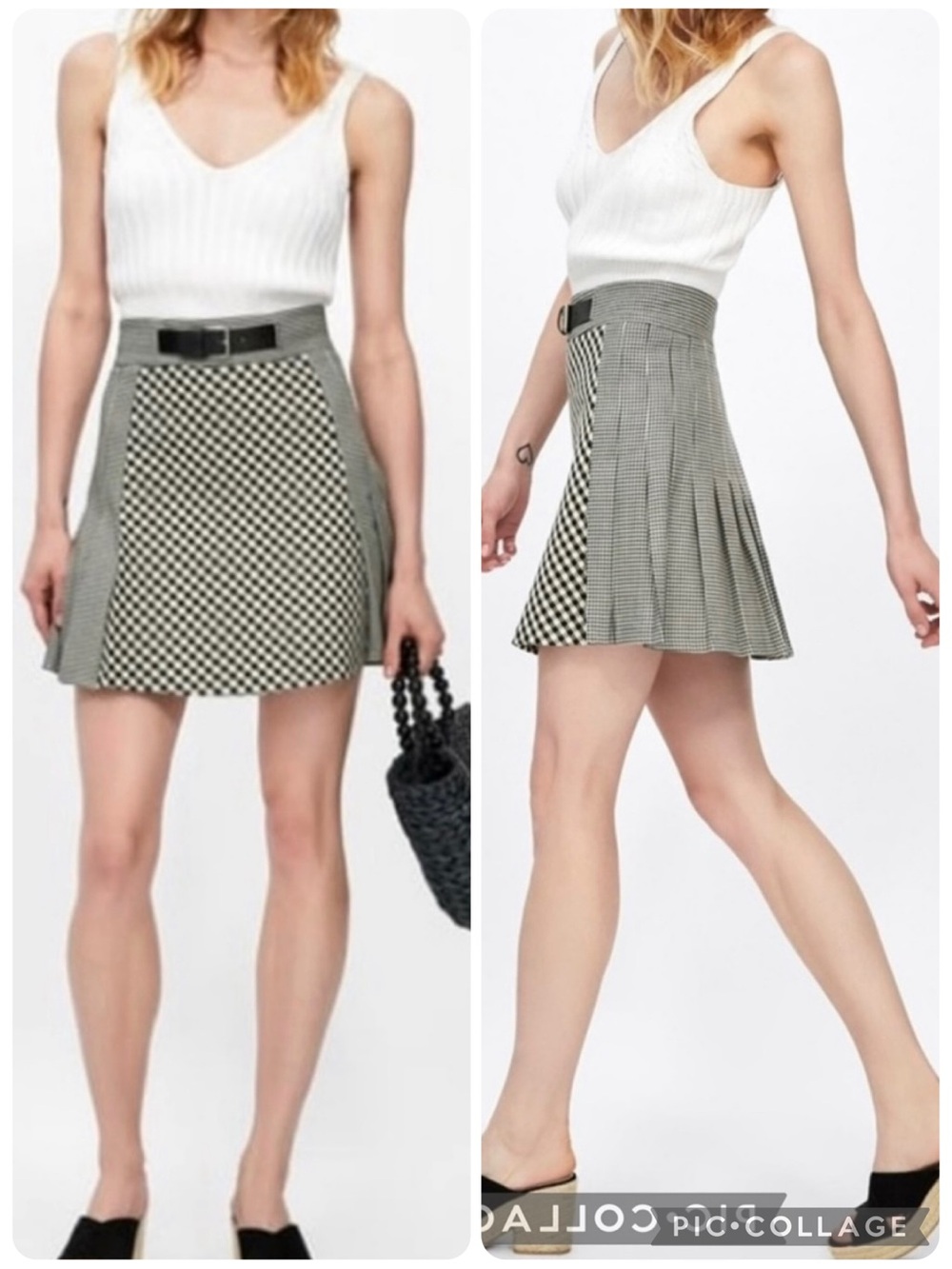 Zara Black Ivory Houndstooth Plaid Pleated A-line Mini Skirt NWOT XS Preppy